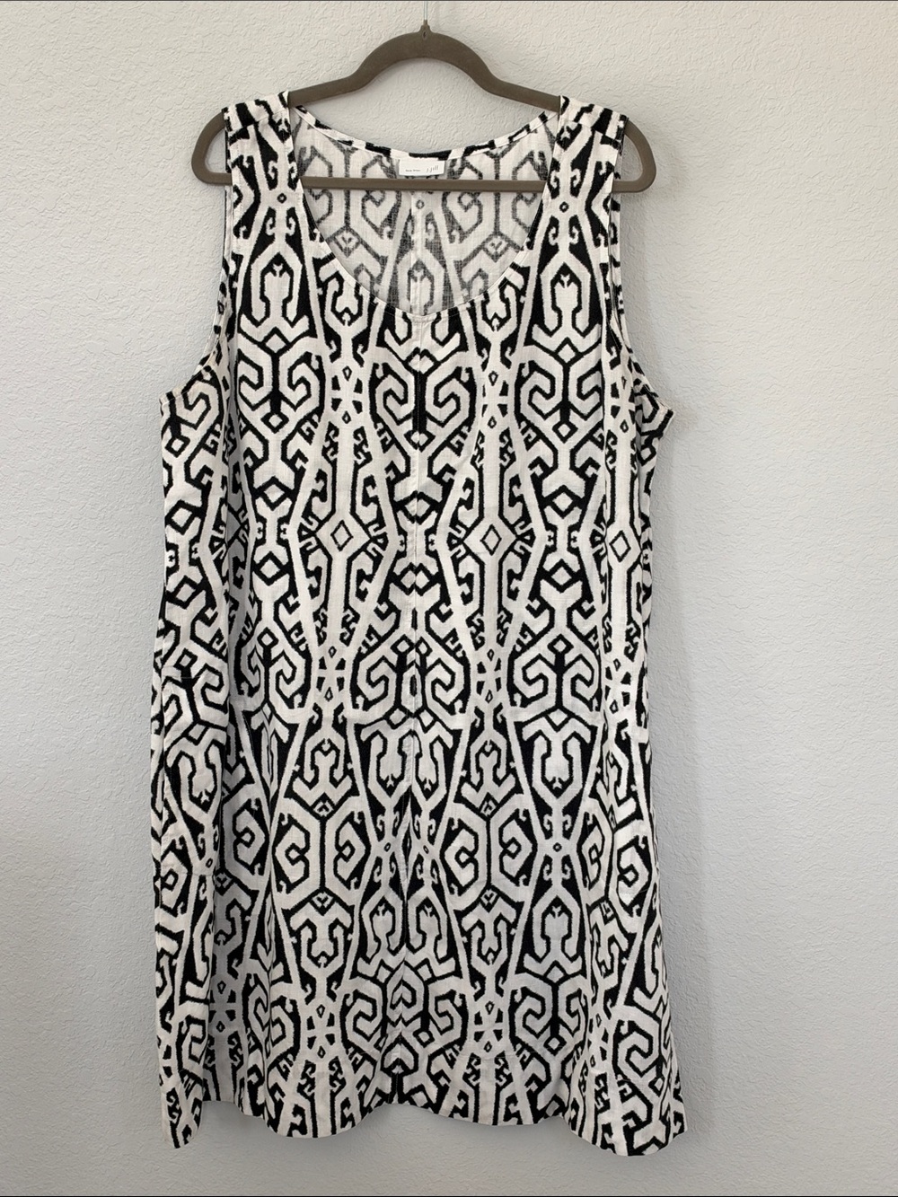 J.Jill Love Linen 100% Linen Black White Geometric Print Shift Dress Pockets